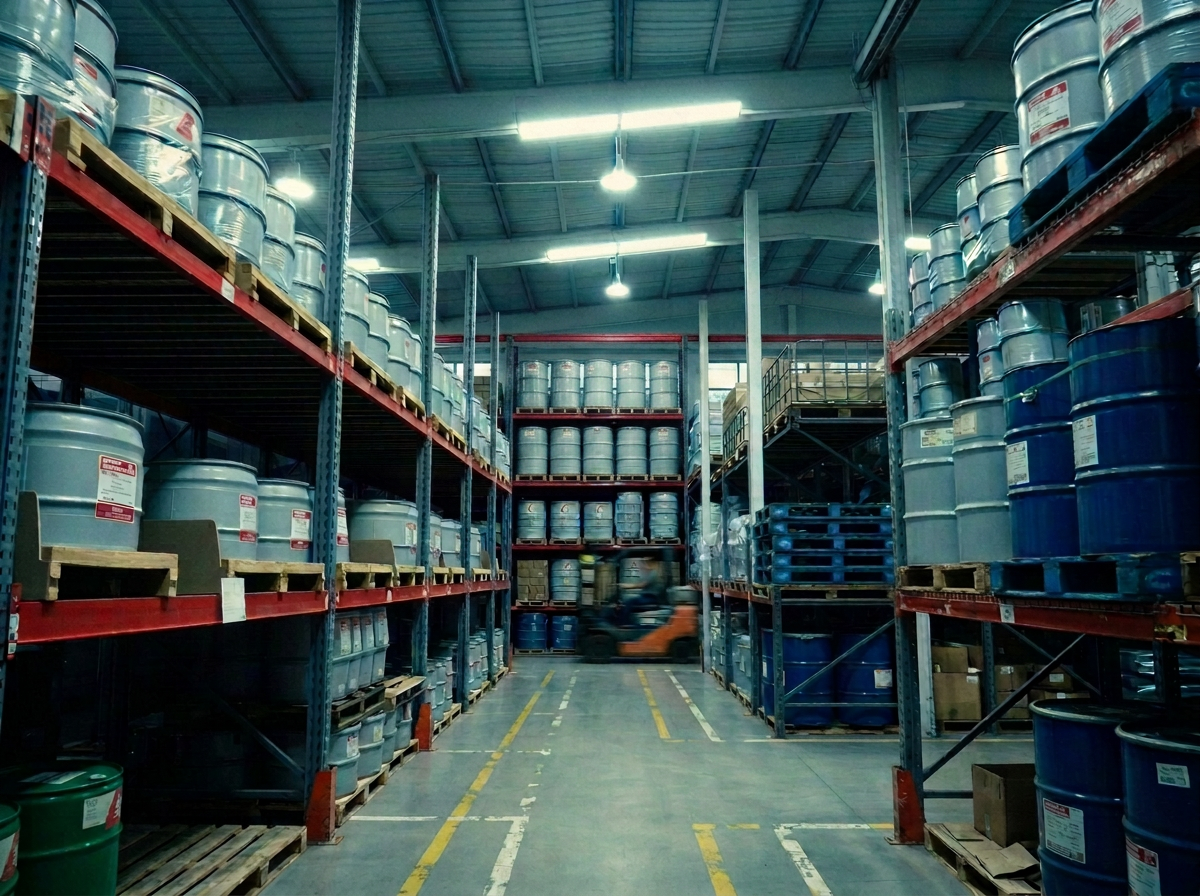 Sealed drums and organised pallets on warehouse racks awaiting productive redistribution