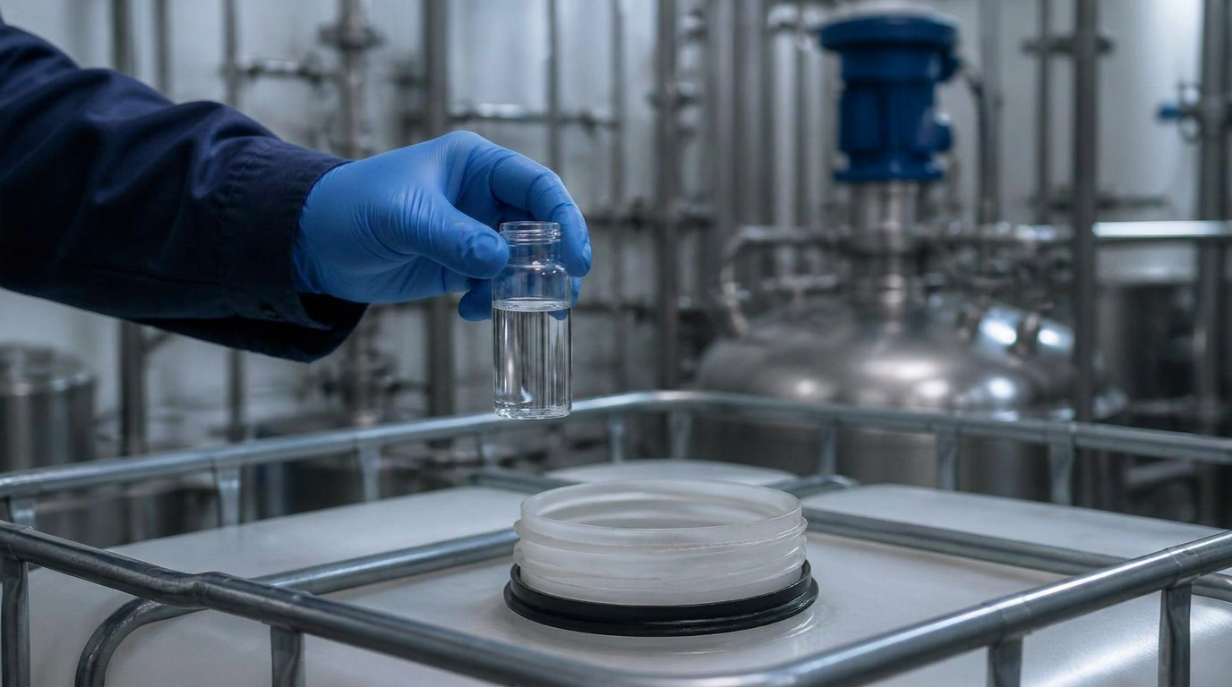 Gloved technician drawing a clear liquid sample into an open glass vial above an IBC tote in a chemical processing facility