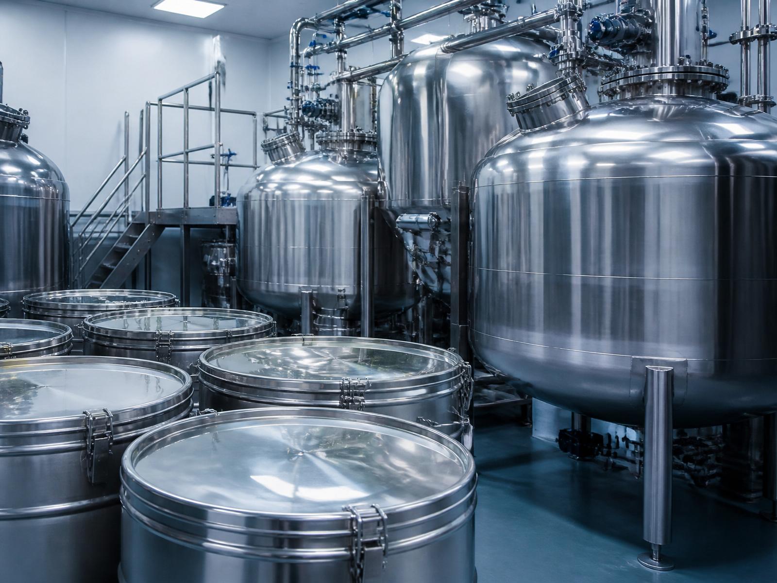 Stainless-steel pharmaceutical production vessels and sealed drums in a modern chemical facility