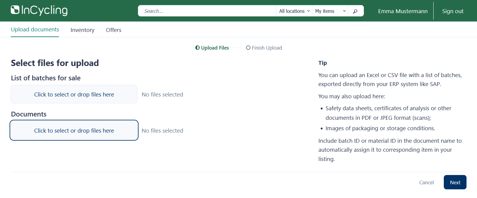 InCycling platform - one-click upload interface