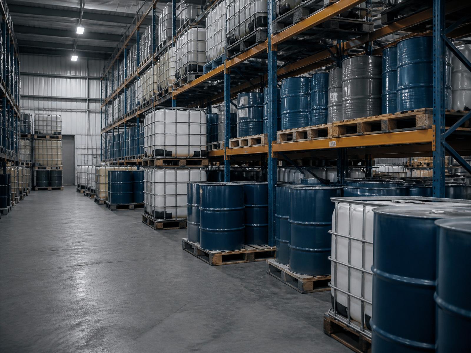 Vast industrial warehouse filled with stacked chemical drums and containers